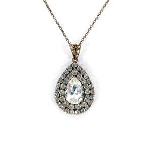 TUR Signed Vintage Teardrop Bronze Crystal Rhinestone Pendant Glam Necklace